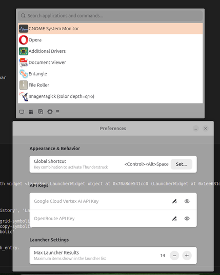 screenshot of my application launcher with the preferences window open.