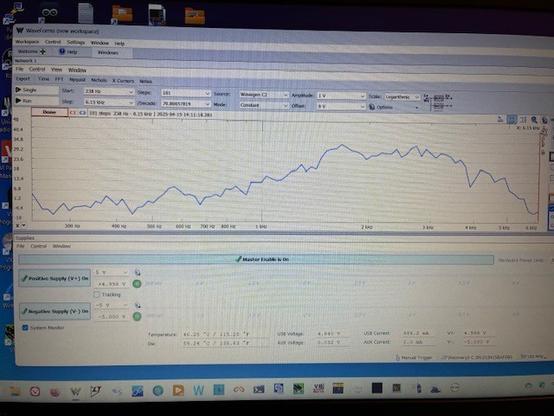 Photo of Waveforms network analyzer audio response curve showing up-sloped over audio frequency range (providing less gain at low frequencies and more gain at higher frequencies. This is really noisy and crude, but accomplished quickly with some repeatability to support figuring out what the three built-in programs do - frequency response wise.
