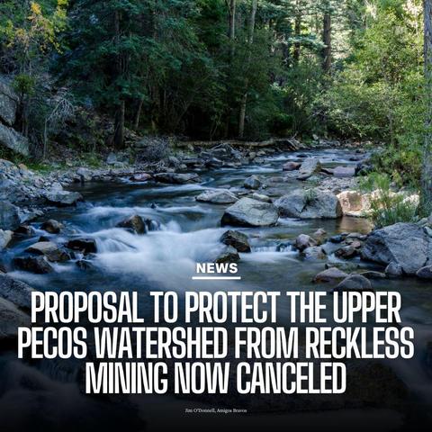 Image of the Upper Pecos River, there is a beautiful forest in the background with trees, bushes, and boulders, and in the foreground is the river rushing over rocks. At the bottom is white text overlaid that says News: Proposal to protect the upper pecos watershed from reckless mining now cancelled. Photo Credit: Jim O'Donnell, Amigos Bravos