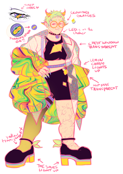 Character reference sheet of a character with a lemon theme. They have short green hair and yellow tufts that stand up like horns. The glasses are yellow and round. They have yellow transparent cutouts on the crop top and leggings and a purple harness with a lemon charm hanging off it. Long, transparent shirt can be seen underneath a wavy patterned oversized coat. They have plateau shoes with lemon leaves at the back. One of the legs is tattooed with a vine pattern. The eyes have a tired shape, and the closeup of the eyes reveal a lopsided, goatlike, yellow pupil over purple iris.