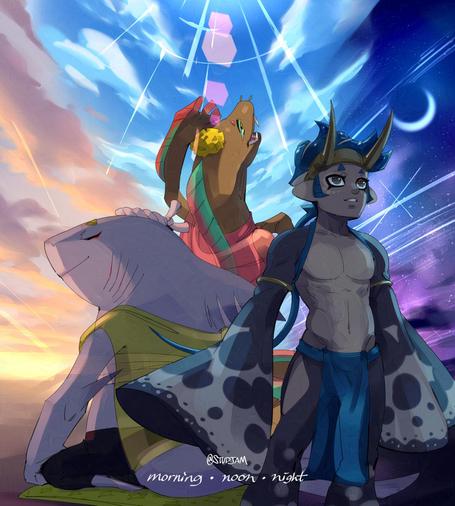 Text: morning, noon, night

Image: fan-interpretation of deep cut characters from splatoon stand together and look at the sky which is split into three times of day. left to right: sunrise, noon, and starry night. Shiver is an anthropomorphic shark kneeling and meditating. Frye is an anthro eel looking at the sun, shading eyes with eel-hand. Big man is a shirtless dude looking at the stars.