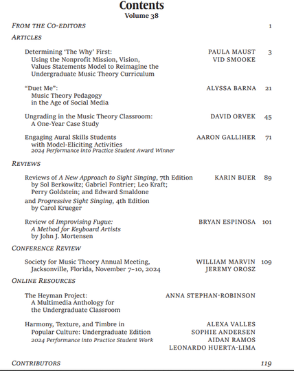 Contents
Volume 38

FROM THE CO-EDITORS
1

ARTICLES

Determining ‘The Why’ First:
Using the Nonprofit Mission, Vision, Values Statements Model to Reimagine the Undergraduate Music Theory Curriculum
PAULA MAUST
VID SMOOKE
3

“Duet Me”:
Music Theory Pedagogy in the Age of Social Media
ALYSSA BARNA
21

Ungrading in the Music Theory Classroom:
A One-Year Case Study
DAVID ORVEK
45

Engaging Aural Skills Students with Model-Eliciting Activities
2024 Performance into Practice Student Award Winner
ARON GALLIHER
71

REVIEWS

Reviews of A New Approach to Sight Singing, 7th Edition by Sol Berkowitz; Gabriel Fontrier; Leo Kraft; Perry Goldstein; and Edward Smaldone and Progressive Sight Singing, 4th Edition by Carol Krueger
BRYAN ESPINOSA
101

Review of Improvising Fugue: A Method for Keyboard Artists by John J. Mortensen
BRYAN ESPINOSA
101

CONFERENCE REVIEW

Society for Music Theory Annual Meeting, Jacksonville, Florida, November 7–10, 2024
WILLIAM MARVIN
JEREMY OROSZ
109

ONLINE RESOURCES

The Heyman Project:
A Multimedia Anthology for the Undergraduate Classroom
ANNA STEPHAN-ROBINSON
119

Harmony, Texture, and Timbre in Popular Culture: Undergraduate Edition
2024 Performance Into Practice Student Work
ALEXA VALLES
SOPHIE ANDERSEN
AIDAN RAMOS
LEONARDO HUERTA-LIMA
119

CONTRIBUTORS
119