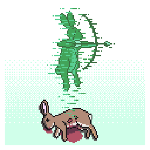 Un dessin en pixel art de 15 couleurs avec une majorité de nuance de vert et au format 128*128 pixels représentant un lapin mort baignant dans une flaque de sang, certainement tué par une carabine. Par ses plaies s’échappent son esprit qui prend la forme d’un lapin vert suspendu en l’air et tenant avec ses pattes un arc bandé prêt à décocher une flèche, certainement à destination du chasseur qui l’a tué.