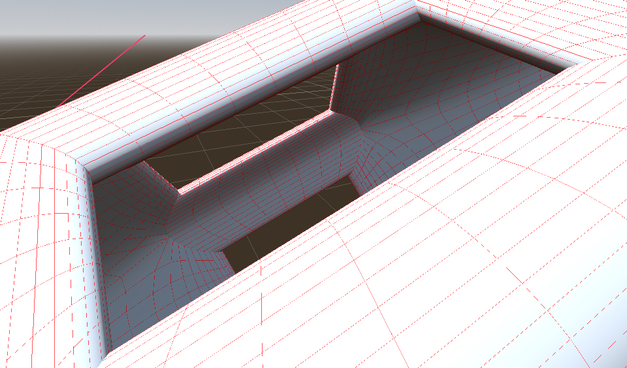 Subdivision surface with hole edge diagonals and hole corners set sharp, resulting in a hole rectangular in profile, but with edges curving smoothly in and out through the cross-section