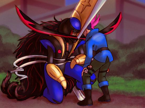 A shiny Kingambit happily takes a knee to share an affectionate headbump with his trainer. The trainer's back is to the camera. They wear a blue coat and grayish pants with 3 Pokeballs (one Luxury, one Moon, and one Fast) strapped to their legs. Most of their head is hidden by Kingambit's headblade, but part of their pink mohawk is still visible.