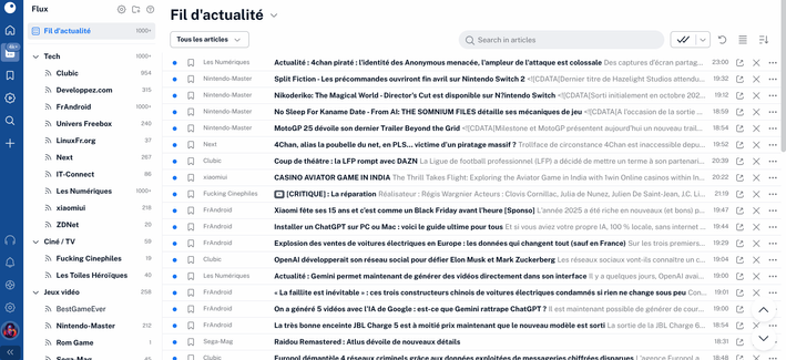 Capture d'écran de ma page inoreader. On peut voir une liste de mes flux rss sur divers sujets comme le cinéma, les jeux vidéo ou la technologie.