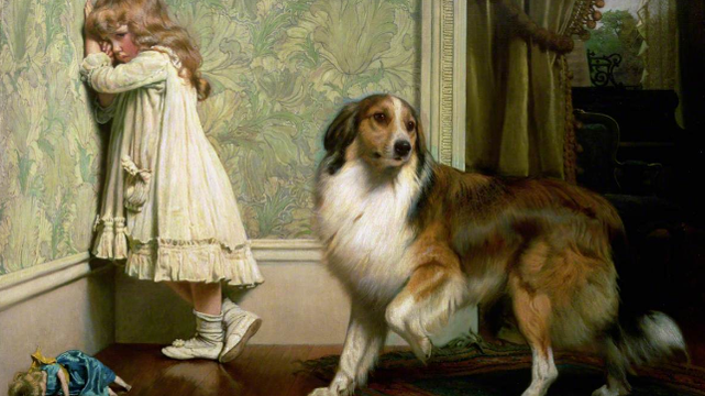 A painting by Charles Burton Barber of a Victorian girl in time out with a worried collie.