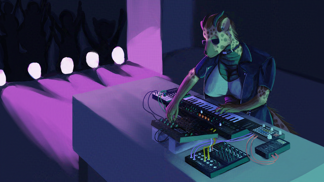 A draconic Hyena is playing a set with her music gear to a crowd at a club