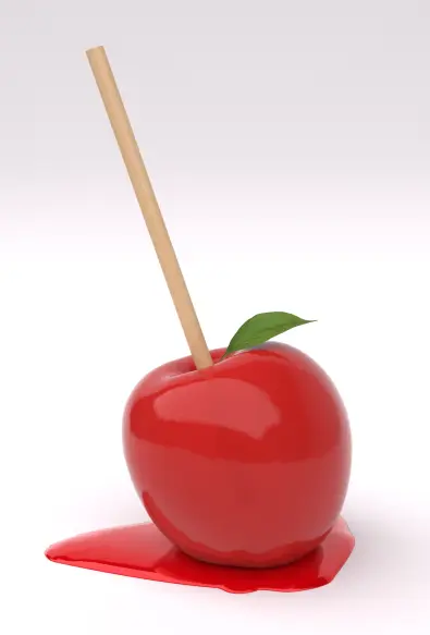 A 3D rendering of a red candy apple, sitting in a pool of candy, with a single green leaf.