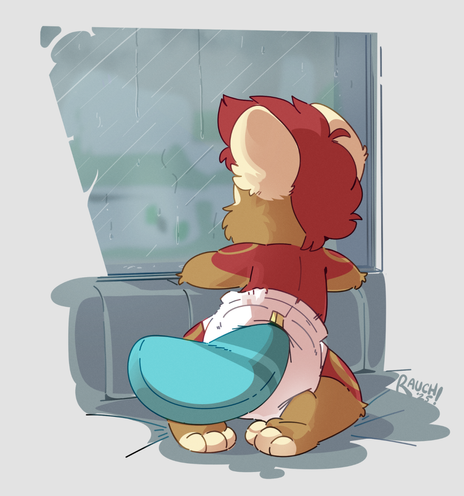 Colored and shaded babyfur illustration. The picture shows a beaver from behind, in a diaper, watching the rain patter outside through a window.