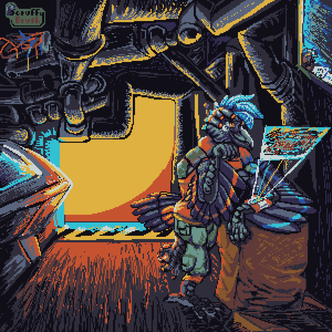 A lightly cybernetically enhanced hacker bird checking his holo console while leaning on a crumply cardboard box
In the background is an access tunnel full of pipes and 2 monitors with a strong orange red sunset
