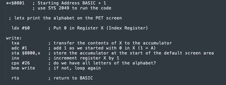 6502 assembler source code to display the alphabet from A-Z on the screen of the PET2001