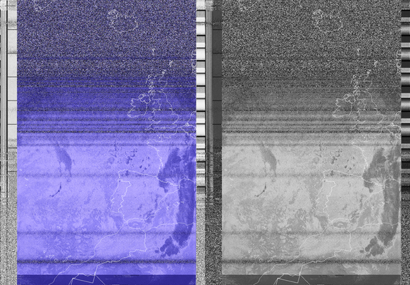 NOAA 19 image, night vision infrared bands, showing far Western Europe and North Africa
