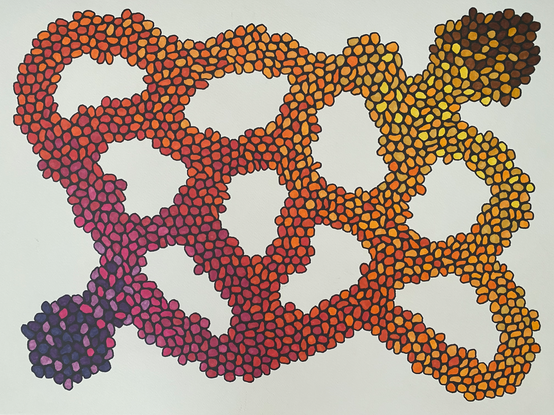 Foam-like structure composed of hundreds of blobby shapes forming a gradient of color starting from dark purple in the bottom left corner and ending with dark brown in the top right. 18" x 24" on 140 pound paper.