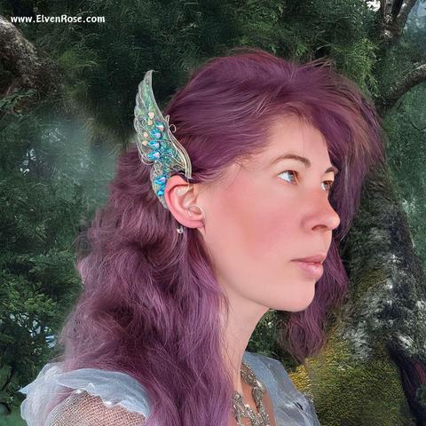 Long Fairy Ears – Resin Elf Ears with Roses, Crystals & Silver Wire - on model