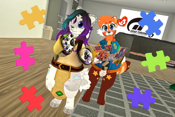 The image shows two furry characters, one resembling a snow leopard and the other a red panda, interacting with jigsaw puzzle pieces. The snow leopard is holding a piece, while the red panda is holding several pieces of a larger puzzle. Several loose puzzle pieces are scattered on the floor around them. The background includes a Gran Turismo logo on a wall. The scene appears to be a digital rendering or animation.