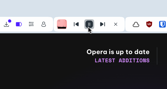 Operaアドレスバーの音楽コントローラーにマウスオーバーすると楽曲名とアーティスト名のところが再生・停止、スキップ等々の音楽コントローラーになっている。