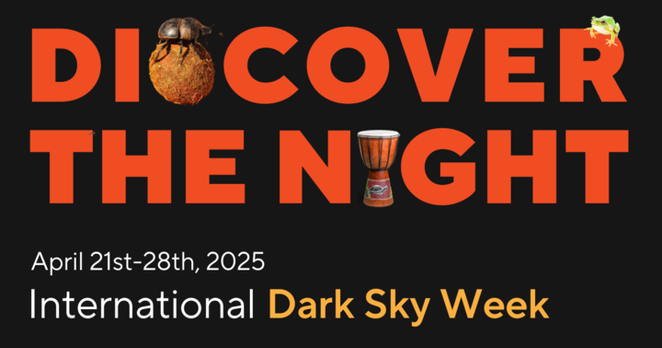 Graphic advertising International Dark Sky Week 2025. The name and dates of the event appear toward the bottom. The words "DISCOVER THE NIGHT" appear in red block capital letter. The "S" is replaced by a dung beetle atop a dung ball, and the "I" in NIGHT is replaced by a traditional drum. A small green frog perches on the "R". All of this is set against a black background.