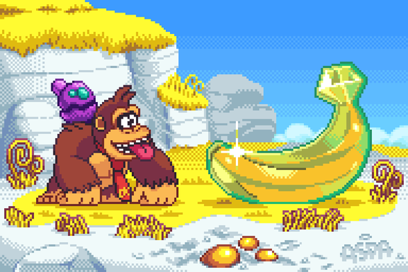 Pixel art scene about DK Bananza, where DK is looking to a shiny banana