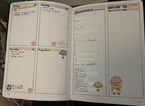 A journal spread with four boxes on one page and two columns on the other.  The four boxes are for Friday the 18th to Sunday the 20th and a box for tiny wins. The columns page has a column for business with space to keep track of blog posts and reviews in progress. The other column has week 16 and April 14-20, 2025. The page is decorated in yellow, pink, and purple along with umbrellas and a duck with an umbrella.