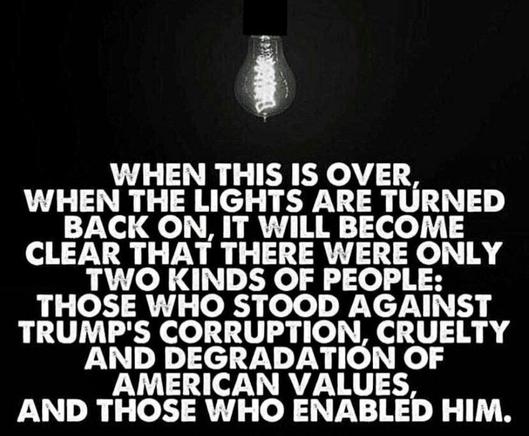 WHEN THIS IS OVER, WHEN THE LIGHTS ARE TURNED BACK ON, IT WILL BECOME CLEAR THAT THERE WERE ONLY TWO KINDS OF PEOPLE: THOSE WHO STOOD AGAINST TRUMP'S CORRUPTION, CRUELTY AND DEGRADATION OF AMERICAN VALUES, AND THOSE WHO ENABLED HIM.