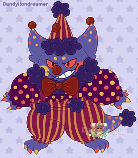 the pokemon gengar redesigned to look like a clown

on his head is a pointy clown hat colored with dark magenta and yellow vertical stripes, dark purple pompom at the top, a dark red pompom in the middle, and a dark purple fuzzy rim

gengars ears have dark red pompoms on their tips and are polkadots orange and yellow, his eyes are red, he has a red clown nose, and his cheeks have yellow and orange circles on them, he smiles

his clothes: dark purple fuzzy neck ruffle with a red bowtie on it, his under shirt is dark purple with orange and yellow polka dots on it, his overalls are like the hat, with dark purple pompoms for buttons, his fingers and toes are colored yellow and orange

his tail is just like the ears with a dark purple pompom at the tip

#promosky #artsky #ocsky