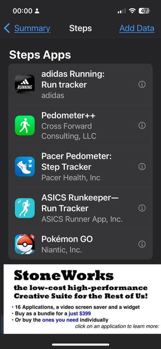 A list of “Steps Apps” and a list of fitness apps are listed.  

Also listed is StoneWorks, a collection of apps for NeXTSTEP.