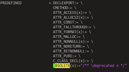 Definition of an OBSOLETE macro for Doxygen, here expanding to a comment block with the \deprecated property.