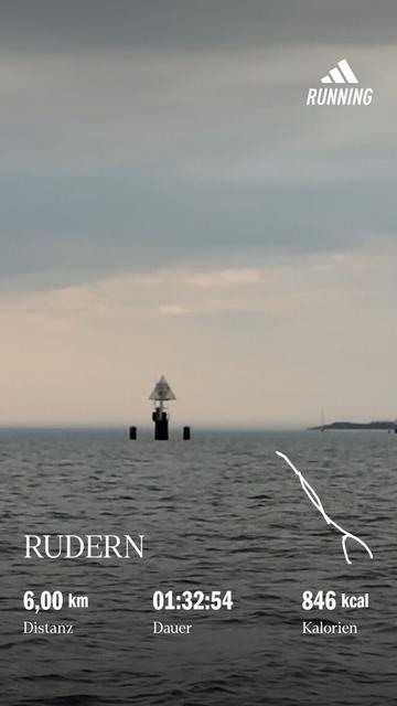 Picture of the sea mark (Unterzeichen) in the Bay of Wismar taken from a boat near the Wendorf Pier. Overlay with some metrics of the training session:
- 6km
- 1h 32min 54sec
- 846 kcal