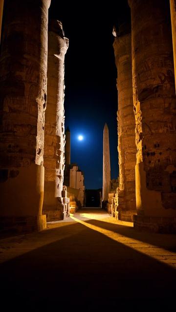 Vertical colour photo. It's night and we're standing in darkness between the giant columns, looking ahead to a path between them. 

The darkness gets interrupted by bright floodlights hidden behind the last two columns. They're throwing bright lights, illuminating two high columns on each side in a soft orange light and creating a criss cross shadow pattern on the ground. The light beams don't reach us. In the far back are a single obelisk and a broken wall getting hit by indirect light. 

Between the obelisk in the back and the column near us the bright glowing disk of the moon hangs low in the sky like a blue whisp hovering in the temple ruins. The rest of the visible sky is pitch black. 

The contrast between the orange sand stone or lime stone and the glowing moon with a wide spread very blue halo creates a fascinating visual.