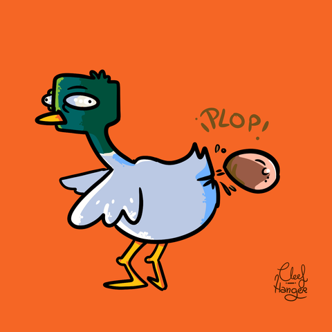 Coll verd laying an egg comicaly.