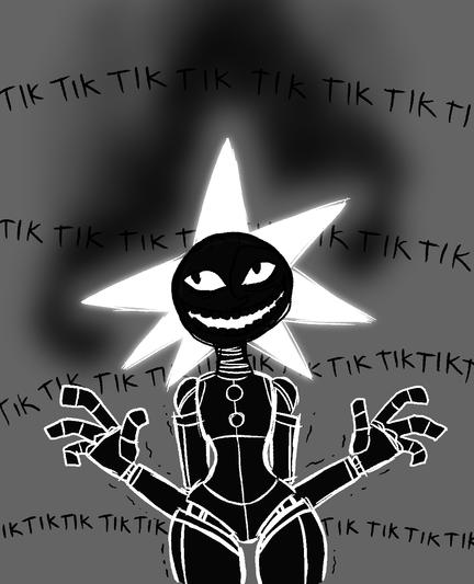 an unfortunate daycare attendant animatronic that has gotten so hot its fins glow with heat, entire body charred black. Its head smokes and a steady ticking sound pervades the air