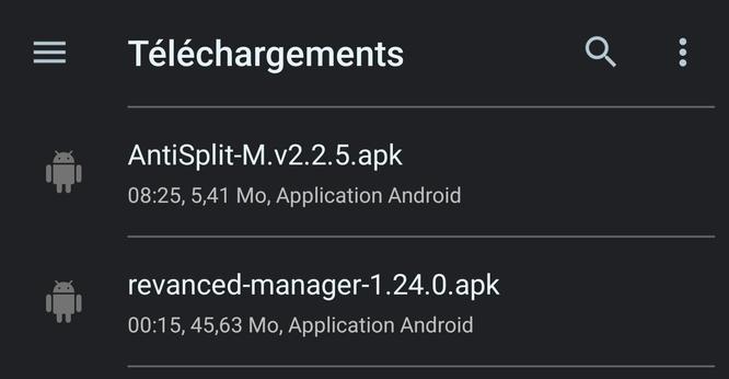 Dossier téléchargements sur Android, on peut lire AntiSplit-M .apk, et revanced-manager .apk