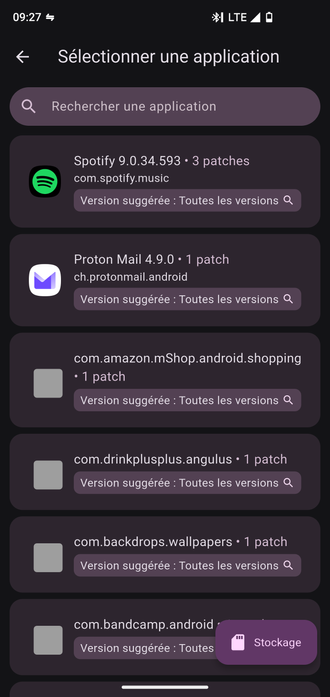Interface de l'application reVanced sur android, on voit notamment des patchs pour spotify et protonmail