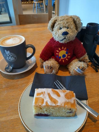Small bear called Jim bob sitting on a table with a piece of blackberry and lemon drizzle cake in front of him. There is also a Dyfi Osprey coffee cup near him with a nice frothy latte near him.