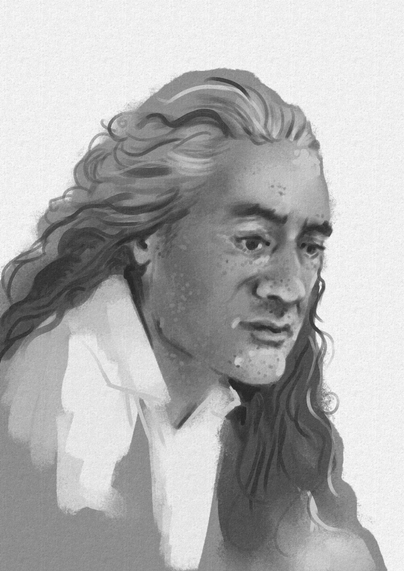 Monochrome portrait of Ed Teach from Our Flag Means Death. His hair is down, he has no beard, and he is looking hopefully into the distance. One brush drawing made in Krita
