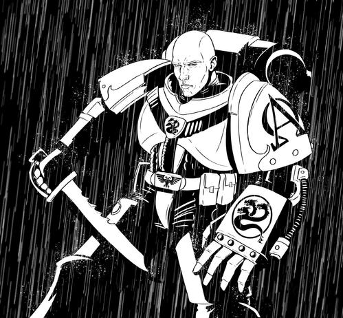 Black and white ink drawing of an armoured 30k Alpha Legionary wielding a combat knife and a powerfist. It's raining and the shadows are very deep.