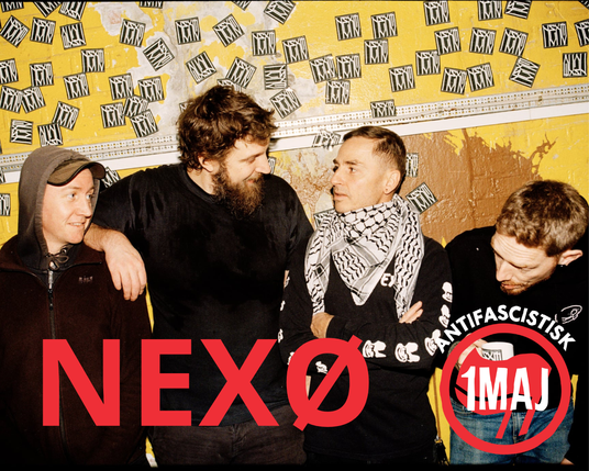Picture of the four band members of Nexø with Nexø written across and the antifascist First of May logo.