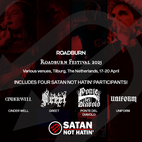 Background image shows singers for the four artists. Also shown is the artists logos and the text 'Roadburn Festival 2025 - various venues in Tilburg, The Netherlands, 17th - 20th April'