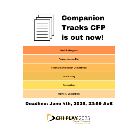 The image shows a table, underlaid with yellow and oranges tones. The table lists: "Work-in-Progress", "Perspectives on Play", "Student Game Design Competition", "Interactivity", "Connections", "Doctoral Consortium". Under the table, there is the following writing: "Deadline: June 4th, 2025, 23:59 AoE". Above it, in bold black letters it states "Companion Tracks CFP is out now".