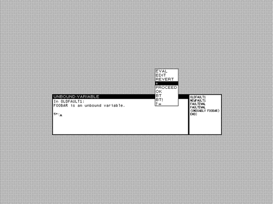 Screenshot of a portion of the black and white desktop of a 1980s graphical workstation environment. The desktop has a gray background pattern and one window with a white background and a title bar with white text on a black background. The window is a debugger with an open popup menu of commands. The debugger window is divided intwo two panes, a larger one at left for command interaction and a smaller one at right with a stacktrace.
