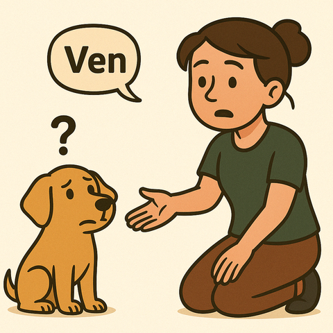 Una mujer intenta llamar a su perro diciendo 'Ven', pero su lenguaje corporal es contradictorio: se muestra insegura. El perro, sentado frente a ella, la mira confundido con un signo de interrogación sobre la cabeza.