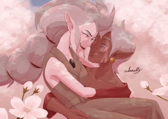 アウルハウスのファンアート。レインがイーダを胸の前で横向きに抱きかかえている。二人は顔を近づけて微笑み合っている。背景は遠景の桜で、手前にも桜の花が写り込んでいる。