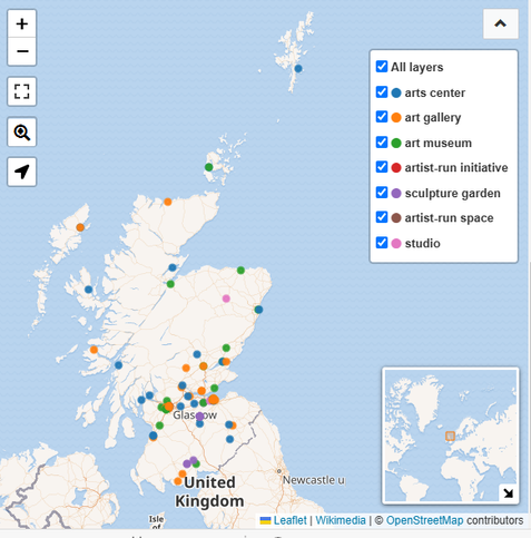 Wikidata / Leaflet /OpenStreetMap view of Scotland with coloured location dots for art centres, galleries and museums, artist-run spaces and initiatives, studios and sculpture gardens.