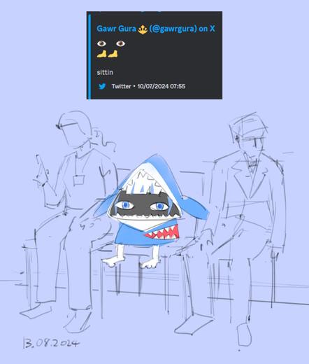 Joke fanart of Hololive's shark v-tuber Gwar Gura reduced to cartoon eyes and feet.
