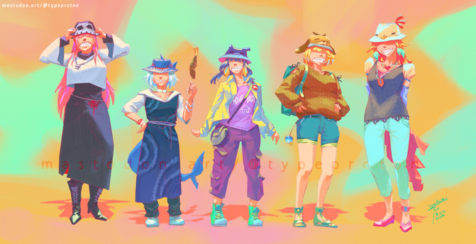 Digital fanart of Hololive English Myth v-tubers in casual fashion and hats.