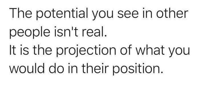 Image with text.
Text: 
The potential you see in other people isn't real.
It is the projection of what you would do in their position.