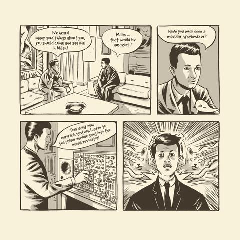 A four panel comic in b&w.

Panel 1: Piero Umiliani sits with Nico, the main character in a slylish and luxurious living room. They are small talking about jazz.
Umiliani: I've heard many good things about you, you should come and see me in Milan!
Nico: Milan… that woudl be amazing!

Panel 2: Close up of Umiliani
Umiliani: Have you ever seen a modular synthesizer?

Panel 3: Umiliani moves to a medium-size eurorack synthesizer sitting on a shelf.
Umiliani: This is my new eurorack system. Listen to the pulsar module going into the modal resonator!

Panel 4: medium shot of Nico, his face is shocked, eyes and mouth are wide open. Cats shooting lasers from their eyes appear behind him.
