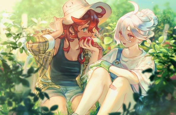 Danbooru tags: 2girls ahoge alternate_costume bandaid breasts cleavage day denim faithom feeding garden gloves green_eyes grey_eyes gundam gundam_suisei_no_majo hair_down hat large_breasts long_hair looking_at_another miorine_rembran multiple_girls outdoors overalls red_hair shirt shorts straw_hat suletta_mercury sunlight tomato white_hair yuri