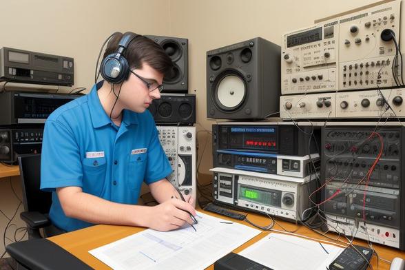 An AI-generated image of an amateur radio technician working in a well-equipped radio station. The technician is actively using ham radio equipment while adhering to FCC Part 97 rules and operating procedures.